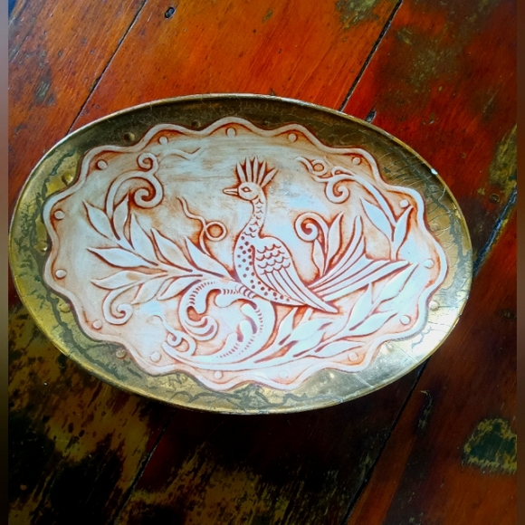 Etched Bird w Floral Design Hand Made Mixed Media Bowl - Picture 2 of 9